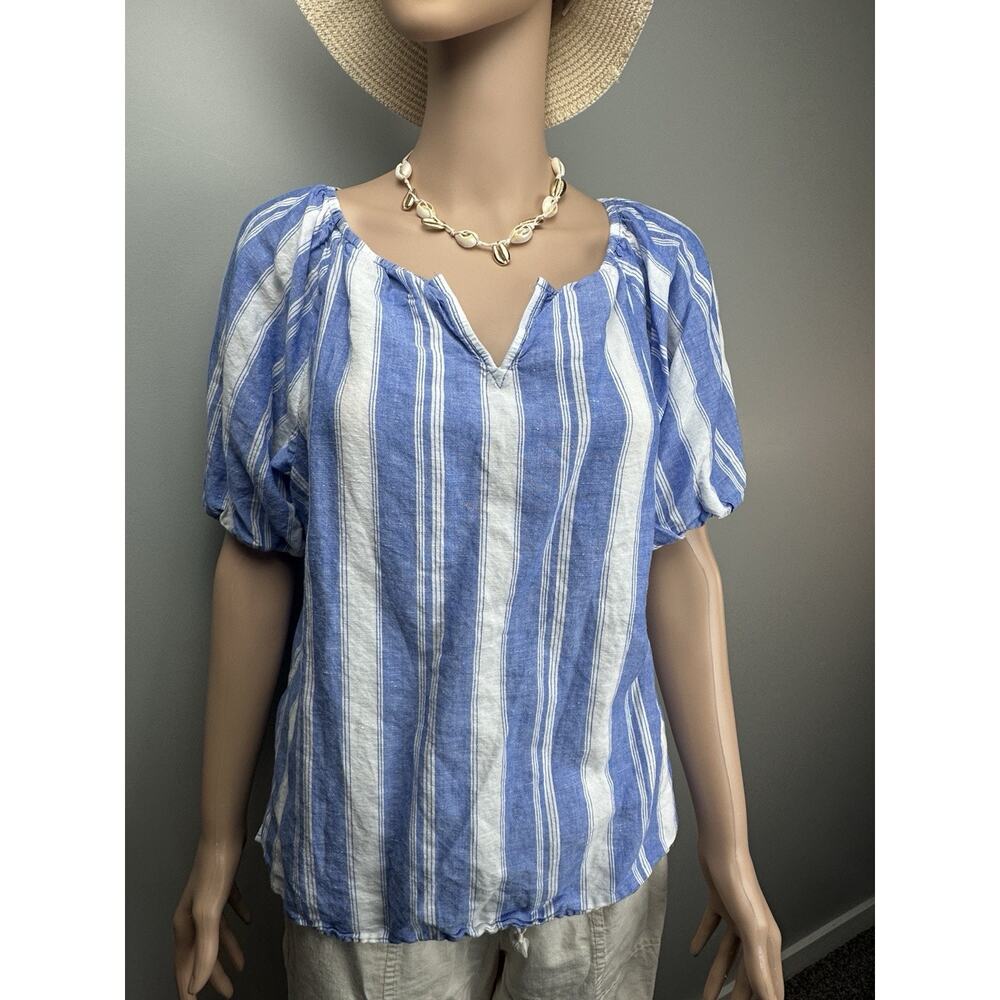 Talbots Women’s Linen Blend Blue White Striped Peasant Top Size M Casual Boho